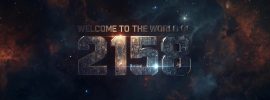 Title text for the web page_ 'Welcome to the world of 2158' in large letters. Metallic letters against a space background.
